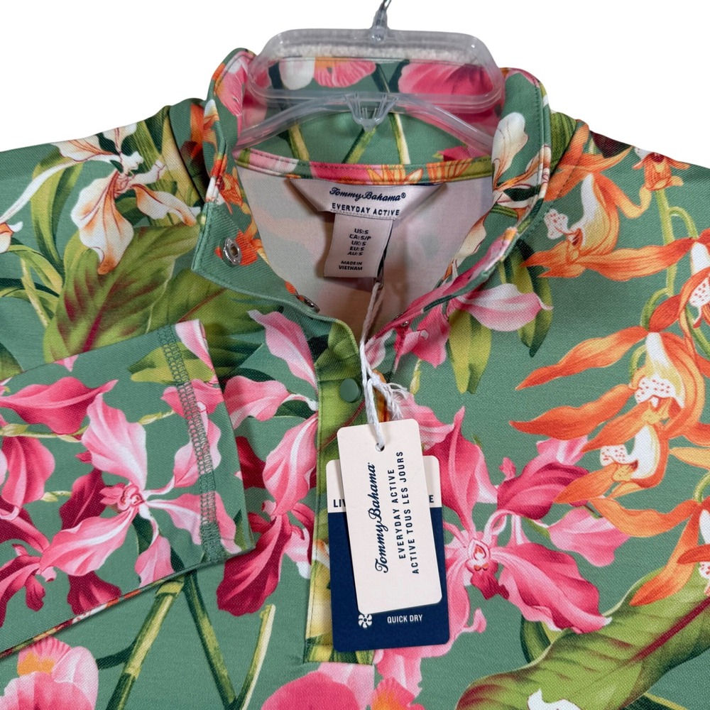 NEW Tommy Bahama Everyday Active Top Womens Small Tropical UPF 50 Snap Mock Neck